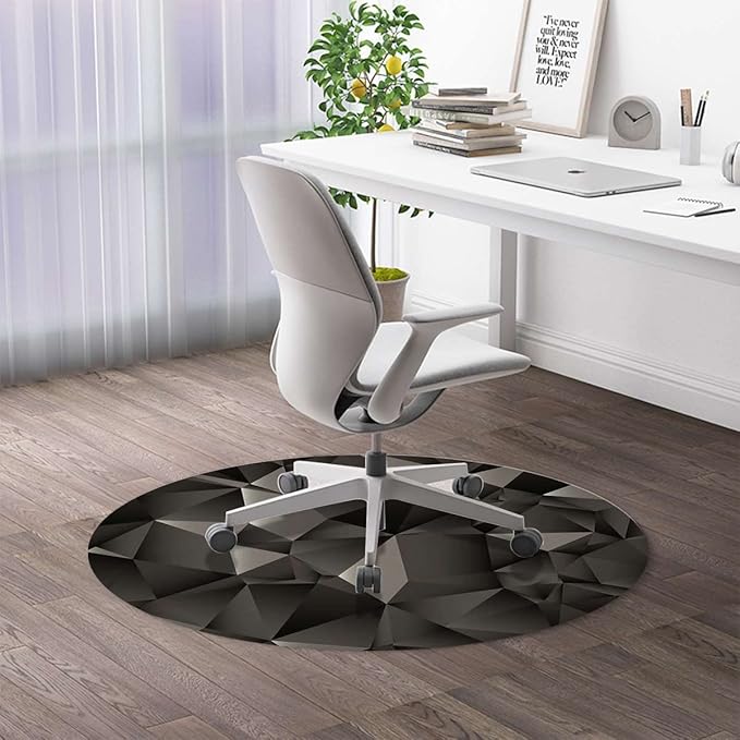 Black Grey PU Leather Round Area Rug Swivel Chair Mats Stripe of Triangles Geometry Hardwood Floor Washable Waterproof Spill Mat Anti-Slip Floor Protector Abstract Fractal Diameter 35.4 in