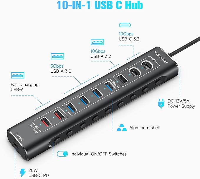 Rosonway 10-Port Powered USB 3.2/USB C Hub 60W with 3x10Gbps USB-3.2 Ports (2C + 1A) 4 USB 3.0 Data Ports 1 USB-C PD and 2 USB-A Fast Charging Ports Aluminum USB Splitter for Laptop/PC RSH-A10QPD