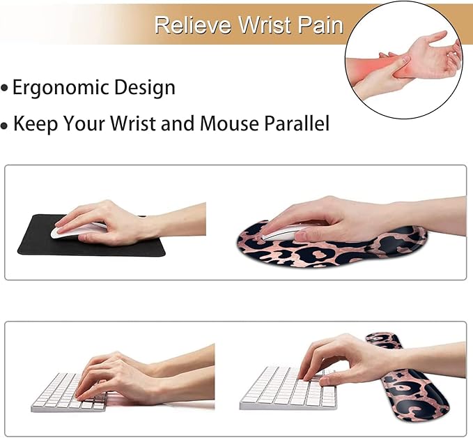 Ergonomic Mouse Pad Gel Wrist Support and Memory Foam Keyboard Wrist Rest Set for Gaming Computer Office Laptop Easy Typing Wireless Mouse Mat Black Leopard Rose Pink Pattern Office Desk Pad