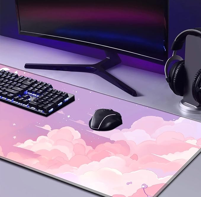 Cute Anime Cloud Desk Mat Beautiful Pink Stitching Edge Non Slip Rubber Mouse Pad Suitable for Female and Girl Office Decoration 35.4 x 15.7 x 0.12 Inches