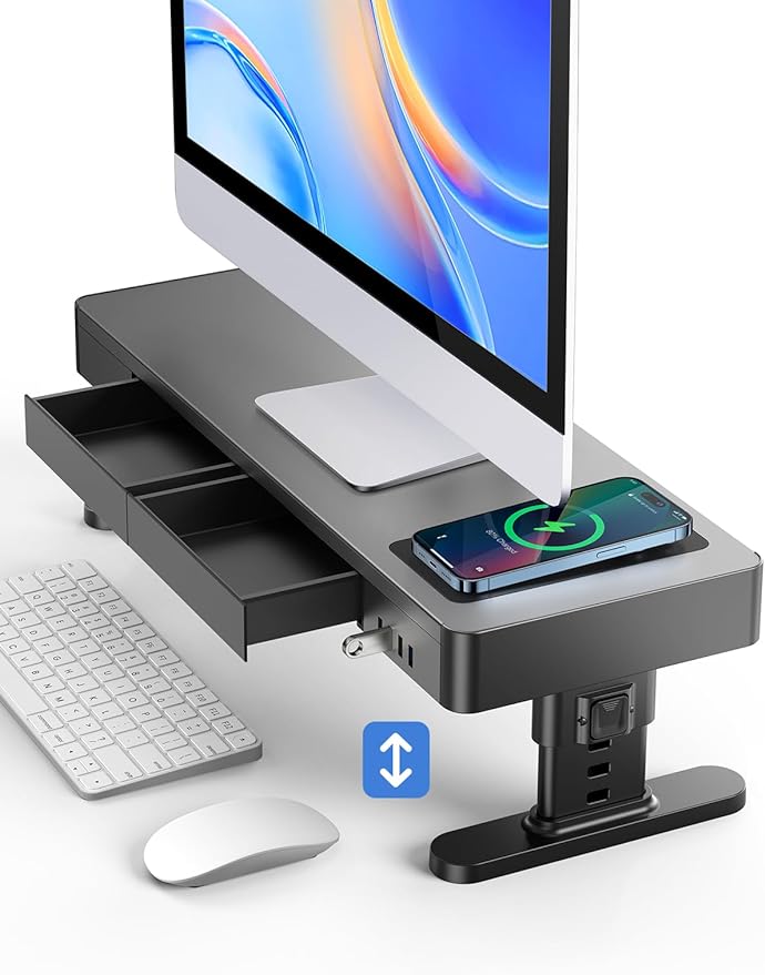 meatanty Monitor Stand Heights Adjustable Computer Riser with Auto Phone Charger 4 USB Ports Hub and Drawer Storage Metal Desktop Organizer Lifter Shelf for PC Screen Studio Display Office Gaming