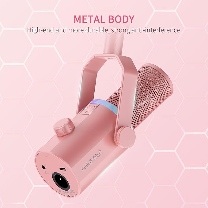 FEELWORLD PM1 XLR USB Dynamic Microphone with Desktop Stand Gifts for Podcast Recording PC Computer Gaming Streaming Vocal Voice-Over Studio Metal Mic RGB Light Mute Button Headphones Jack (Pink)