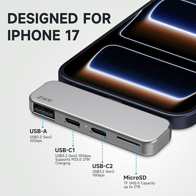 ZIKE USB-C iPhone Hub 4-in-1 Type-C Adapter for Data Transfer Micro SD/TF Card Reader USB3.2 Gen2 10Gbps*2 USB-A and PD3.0 Charging Port Hub for iPhone 17/16/15 Pro/Android/iPad/MacBook