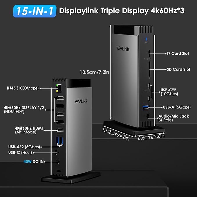 WAVLINK USB C DisplayLink Docking Station with 3 HDMI 4K60HzDisplaylink Triple Display Docking Station for MacBook M1/M2/M3/Windows5 USB Ports2DPEthernet PortAudio/MicSD/TF（No Charging Ports）