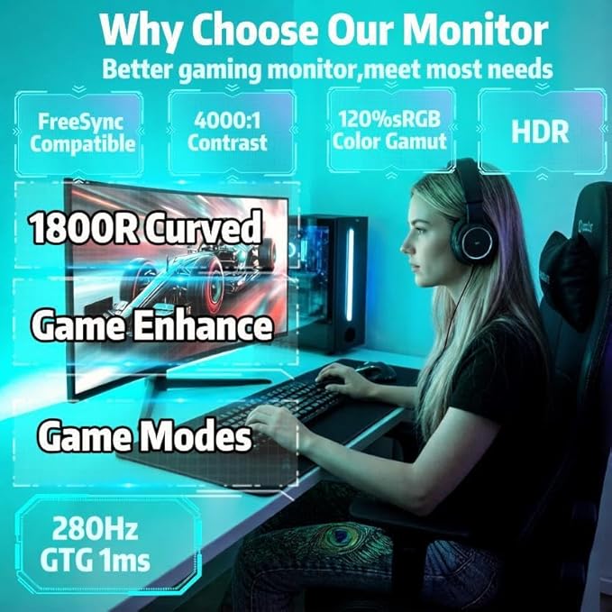 ZZA 27 Inch Curved 280Hz Gaming Monitor 1800R Curved Computer Gaming Monitor FHD 1080P 4000:1 120% sRGB 1Ms GTG|FreeSync|HDR|Low Blue Light|HDMI DP| VESA Support 100x100mm(No Speakers)