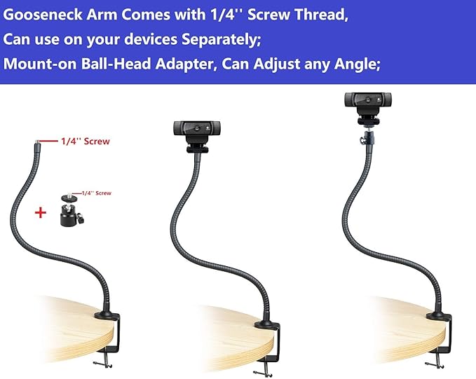 AceTaken Webcam Mount - Flexible Gooseneck Arm Clamp Stand Tripod for Logitech Webcam C920s C920 C930e C922x C930 C922 C925e C615 Brio - 25 inches