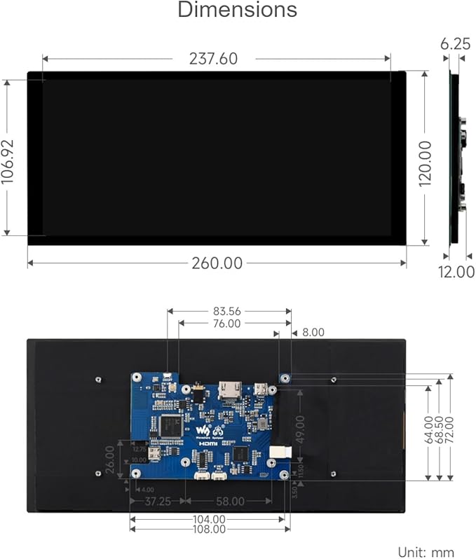 10.4inch QLED Quantum Dot Display Capacitive Touch High Brightness 1600×720 Optical Bonding Toughened Glass Panel HDMI Interface for RPi