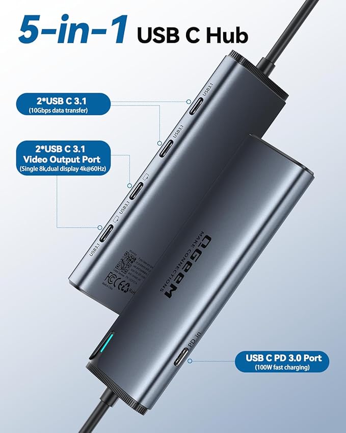 QGeeM USB C HubMultiple Converter Adapter 5 in 1Type C Splitter Extender with Single 8KDual 4K/60Hz10Gbps Data TransferPD 100Wfor MacBook ProiMacHP（M1/M2 only 1 Display