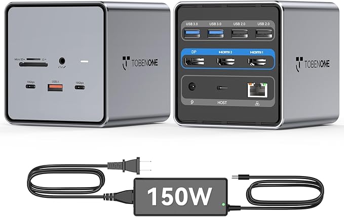 TobenONE USB C Docking Station Dual/Triple Monitors with 150W Power Adapter for Dell/HP/Lenovo/Surface/Asus/Chromebook 2 HDMI DP 5 USB Ethernet SD 4.0/Micro SD