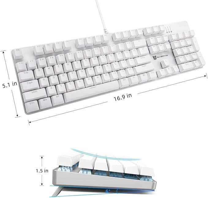 104 Keys Full Size Mechanical PC Gaming Keyboard | Brown Switch Hot Swappable White Mechanical Wired Computer Keyboards | Ice Blue LED Backlit 104 Keys US Layout Light Up Wired Gaming Keyboard