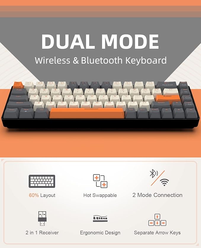ZIYOU LANG RK68 60% Wireless Mechanical Keyboard Bluetooth 5.0/2.4Ghz Dual Mode 2-in-1 USB-C Receiver Mini Mechanical Keyboard Hot Swappable Red Switch Gaming Keyboard for PC/MAC/Laptops