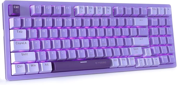 HUO JI Mechanical Gaming Keyboard USB Wired Compact with Number Pad Purple Led Backlit Red Switch Detachable Type C Cable 94 Keys for PC/Computer/Laptop Purple and White