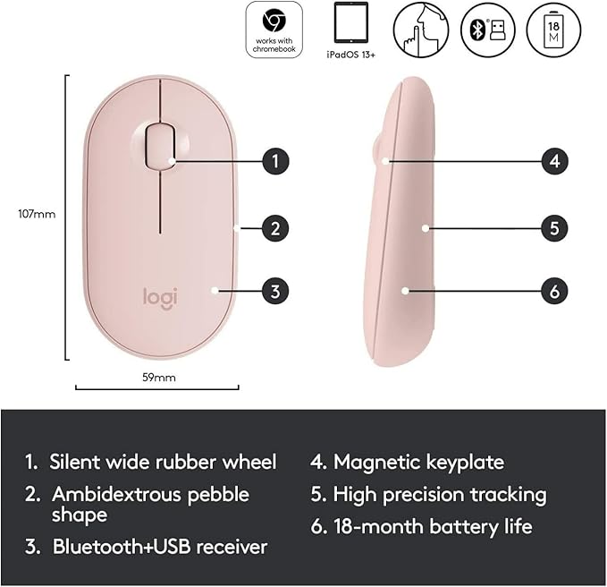 Logitech Pebble Wireless Mouse with Bluetooth or 2.4 GHz Receiver - Pink Rose