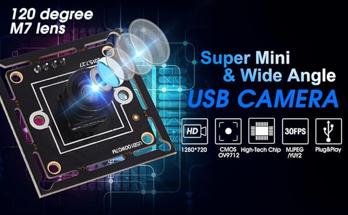 ELP Megapixel Super Mini 720p USB Camera Module Wide Angle with 120degree M7 Lens HD Digital Embedded Webcam Board for Computer USB2.0 UVC Video PC Opencv Camera Modulewith 3.3ft/1m Cable for Laptop