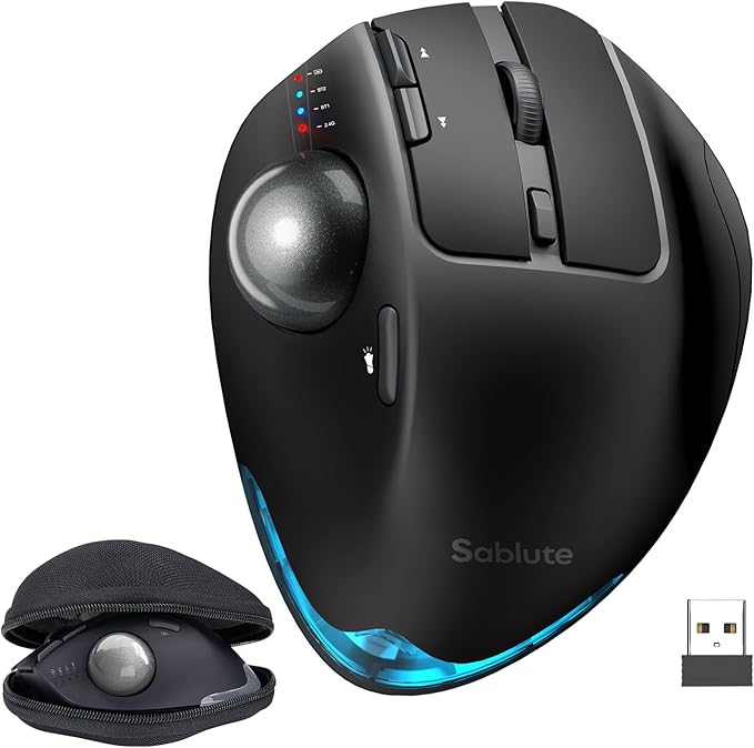 SABLUTE MAM1 Pro Wireless Trackball Mouse Hard Travel Case (Include) Ergonomic Bluetooth Rechargeable Computer Mice with 5 Level DPI Adjustable Angle 3 Devices Connection for PC Mac Windows