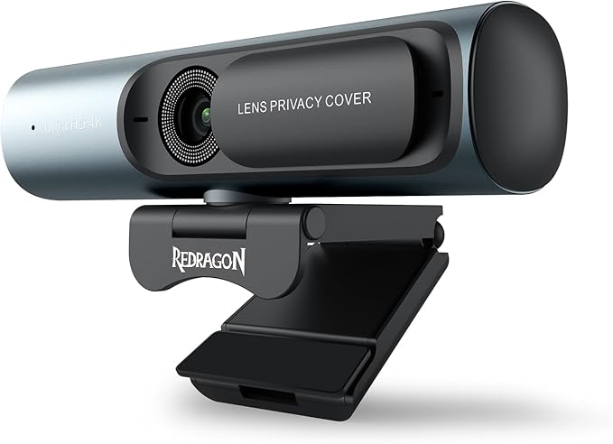 Redragon GW911 4K Webcam for PC Ultra HD with Dual Noise-Cancelling Mic PDAF Auto Focus Auto Light Correction Plug &amp Play Privacy Cover – Works w/Zoom/Teams/Skype/Google Meet
