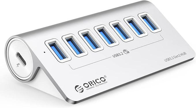 ORICO Powered USB Hub 10Gbps 7 Port USB 3.2 Gen 2 Hub with 7 USB 3.2 Data Ports 5V 3A Power Supply Interface 1.64Ft USB C to C Cable and USB-A Adapter Aluminum USB Data Hub for Laptop