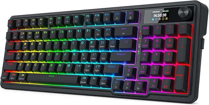 Redragon K719 Wireless Gasket Gaming Keyboard w/Hype Screen &amp Knob 95 Keys Mechanical Keyboard Easy-Control 1.14’’ TFT Info Display 5-Layer Noise Dampening Custom Linear Switch Essential Blac