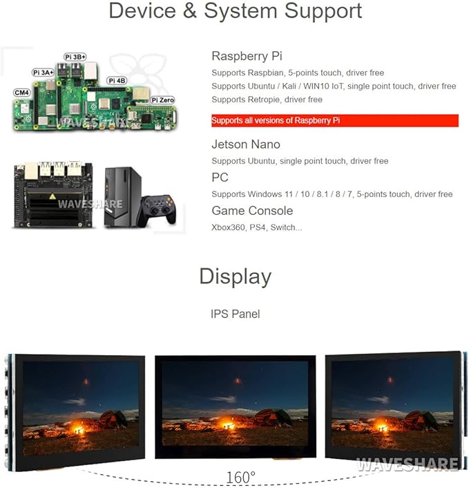 waveshare 4.3inch Capacitive Touch Screen LCD Compatible with Raspberry Pi 5/4B/3B+/3A+/2B/B+/A+/Zero/Zero W/WH/Zero 2W CM3+/4 800×480 Resolution HDMI IPS Supports Jetson Nano/Windows