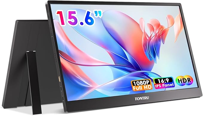 Portable Monitor 15.6 FHD 1080P IPS Screen with Low Blue Light Dual Speakers &amp 3.5mm Audio Jack Adjustable Stand USB-C/HDMI Compatibility for Laptop PC Phone Gaming Console