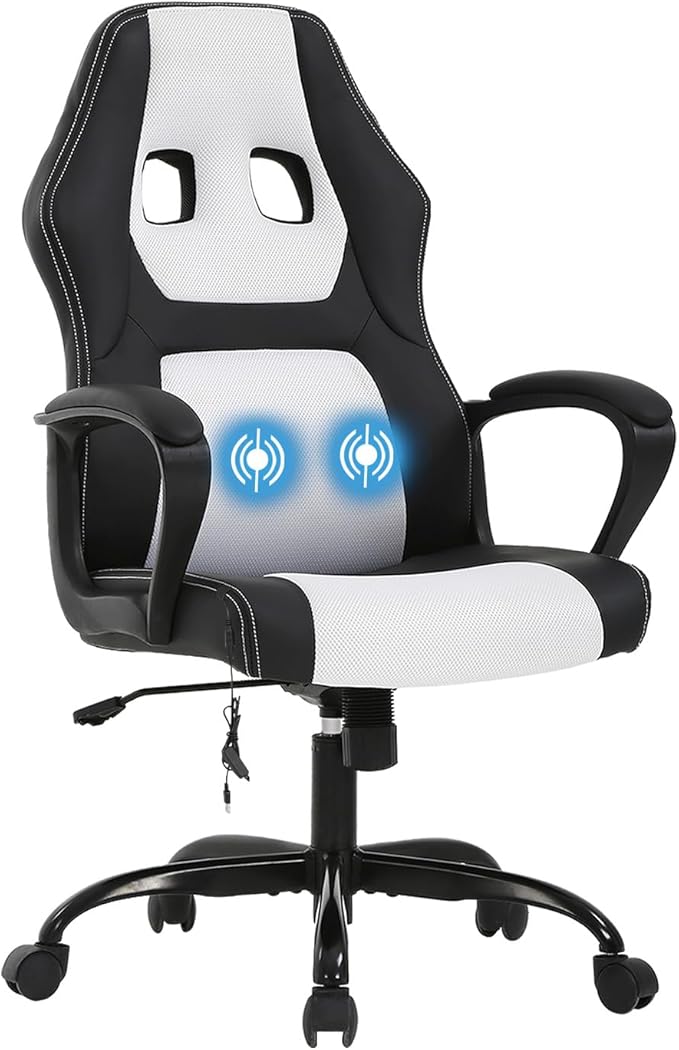Gaming Chair with Massage Function PU Leather Chairs Ergonomic Office Chair Executive Computer Chairs High Back Computer Task with Lumbar Support Adjustable Height White