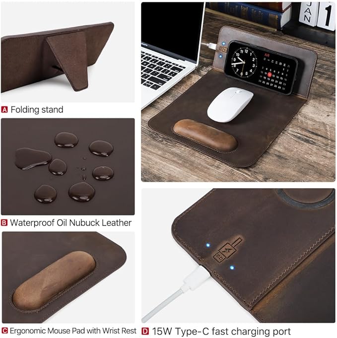 Hiram Premium Crazy Horse Leather Mouse Pad with 15W Wireless Charging - Ergonomic Wrist Rest Waterproof and High-End Cowhide Touch(9inx13in)