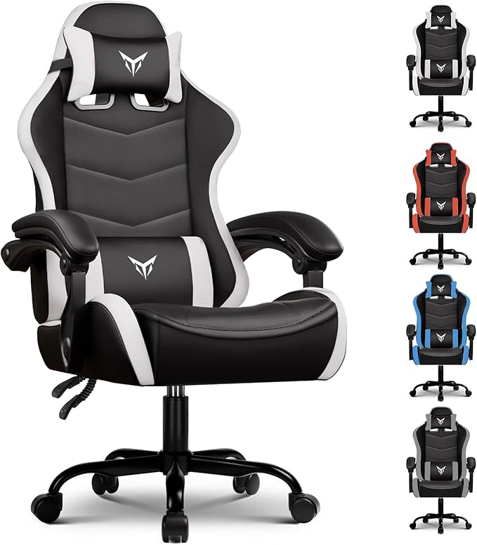 GTPLAYER Gaming Chair Video Game Chairs Racing Style PC Game Chairs 350lbs for Adults - Padded High Back Ergonomic Reclining Silla Gamer Linkage ArmrestWhite