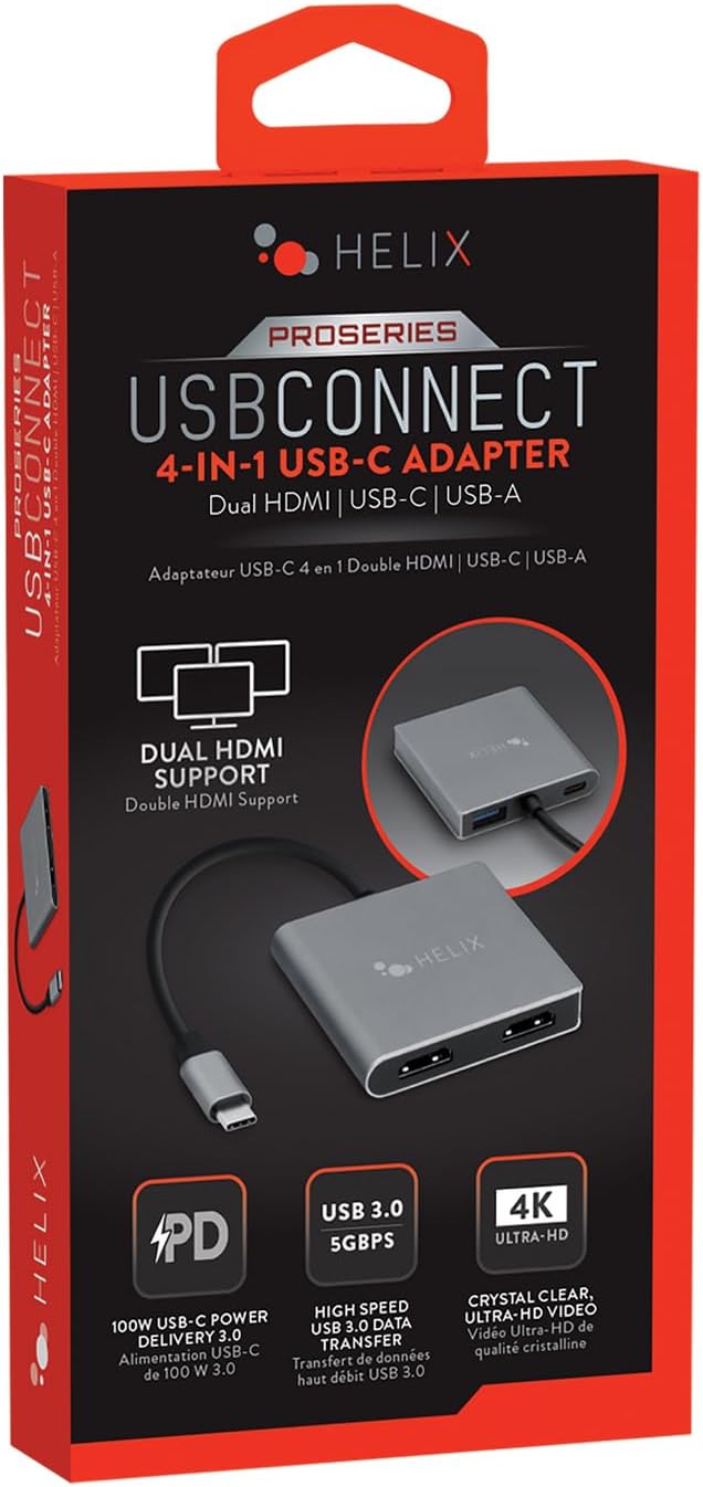 HELIX 4-in-1 USB-C Adapter with Dual HDMI USB-C and USB-A 3.0