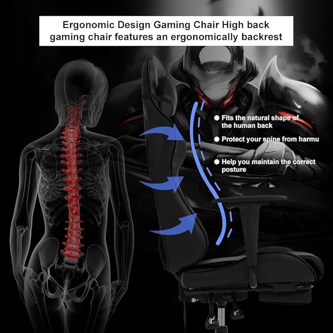 Gaming Chair with Massage &amp Footrest - Ergonomic Racing Office Chair for Adults Women Gamers - Adjustable Reclining PC Gaming and Home Office Desk Chair with Lumbar Support Black