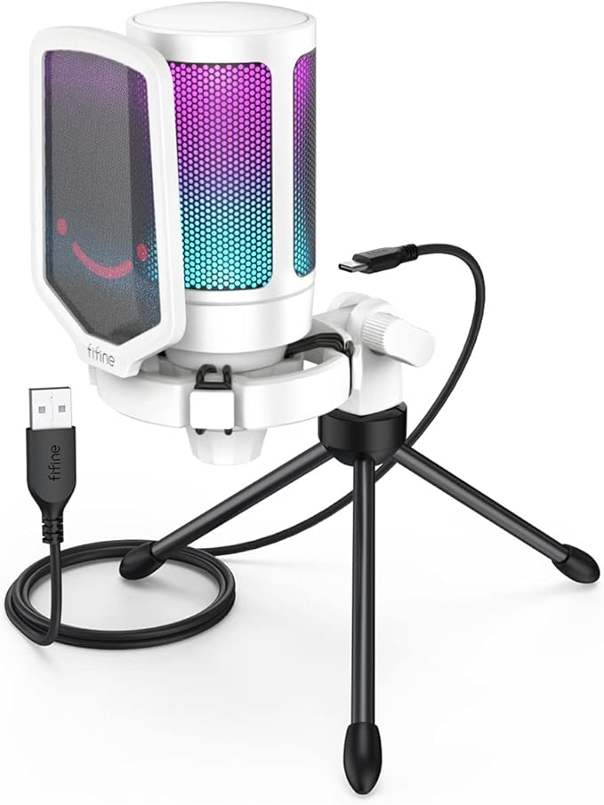 FIFINE AmpliGame USB Microphone PC Gaming Recording Desktop Laptop Mic RGB Streaming Podcasting Condenser Mic for Online Game Vocal with Mute Button Gain Knob Tripod Stand-A6V White