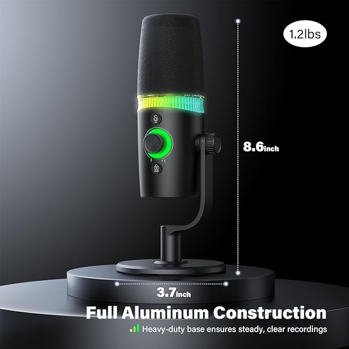 USB/XLR Dynamic Microphone Podcast &amp Gaming Microphone for PC Vocal Mic with RGB Lighting Tap-to-Mute Gain Control &amp Headphone Monitoring for YouTube Streaming