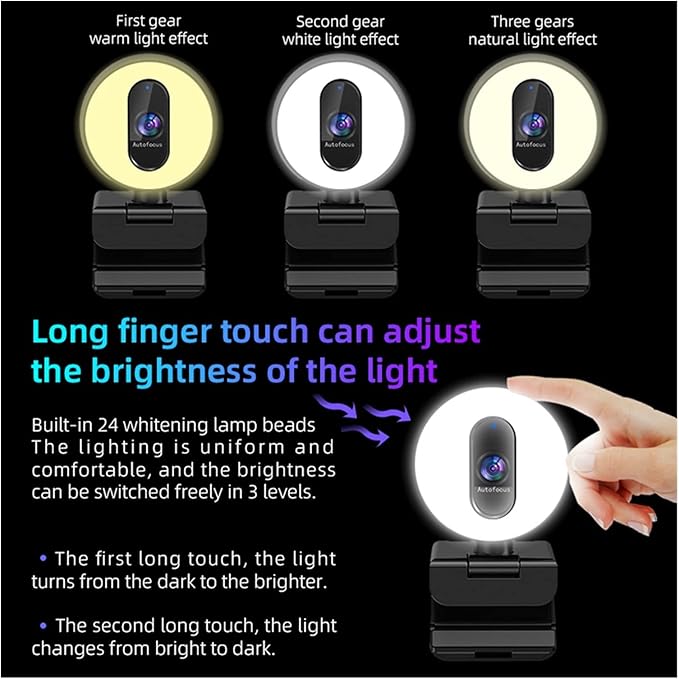Web Camera Webcam 1080P 60FPS Autofocus PC Camera with Microphone Ring Light Web Camera Cover Computer Laptop Web cam OBS Streaming Video for Gaming Video Calling Recording (Color : 1080P 60FPS)