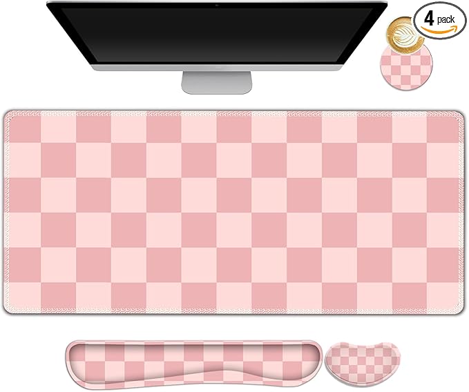 Soft Pink Checkerboard Mouse Pad Set 4 in1 Ergonomics Keyboard Desk Mat with Memory Foam Wrist Rest Extended Game Mousepad Non-Slip Large Gaming Desk Pad Matt Easy Typing Pain Relief