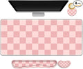 Soft Pink Checkerboard Mouse Pad Set 4 in1 Ergonomics Keyboard Desk Mat with Memory Foam Wrist Rest Extended Game Mousepad Non-Slip Large Gaming Desk Pad Matt Easy Typing Pain Relief