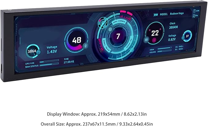 Zunate 8.8 Inch Computer Secondary Display 1920x480 Mini PC Monitor with Type C PH Interface Aluminum Alloy Housing Auto Play Rotation Low Power Use
