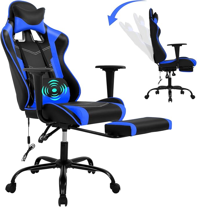 Computer Swivel Gaming Chair Video Game Chair PU Leather Executive Chair High Back Gaming Office Chair with Lumbar Support Adjustable Armrest Headrest Footrest for BoysGirls(Blue)