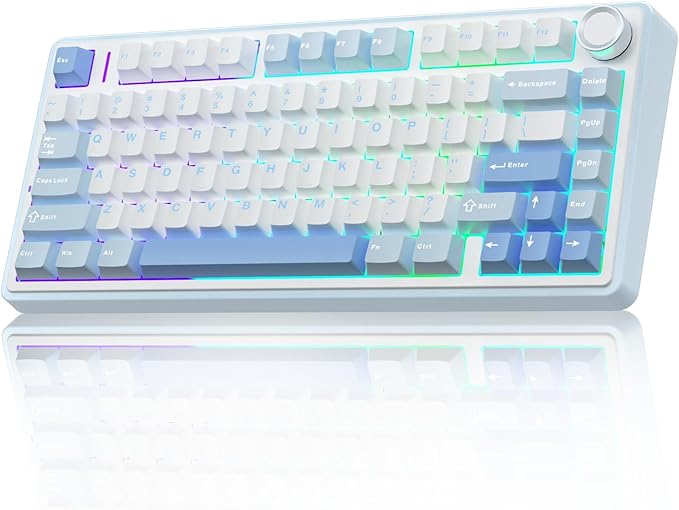 AULA F75 75% Wireless Mechanical Keyboard Hot Swappable Creamy Keyboard Pre-lubed Greywood Switches RGB Backlit Gaming Keyboards 2.4GHz/Type-C/BT5.0(Salt White Blue)