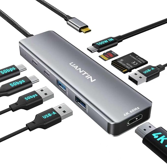 9-in-1 USB C Hub 4K60Hz HDMI Multiport Adapter with 2 USB-C 5Gbps 100W PD Charging 3 USB-A Ports SD/TF Card Reader USBC Dock Dongle for MacBook Pro/Air iPad Pro Dell HP Laptop