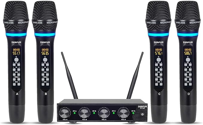 Rechargeable Wireless Microphone System 4 Channel Pro UHF Metal Handheld Wireless Mics Cordless for Church Karaoke Singing with Echo Treble BASS VOL Channel Control(GT-200)