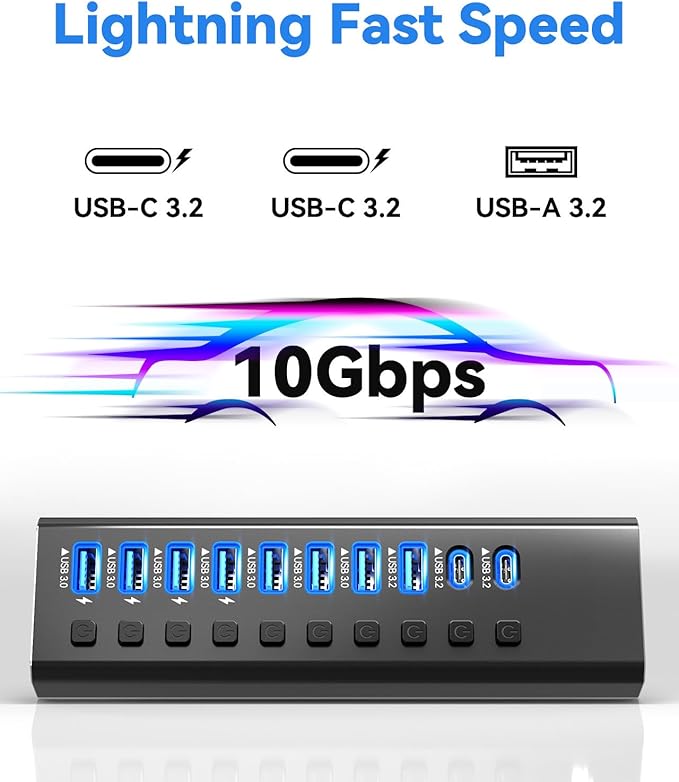 Powered USB Hub 3.210-Port USB 3.2/USB C Hub (10Gbps USB-A 3.2 +2 USB-C 3.2 +7 USB 3.0 Ports) with Individual On/Off Switches and 12V Power Adapter Aluminum USB Hub Powered for Laptop PC