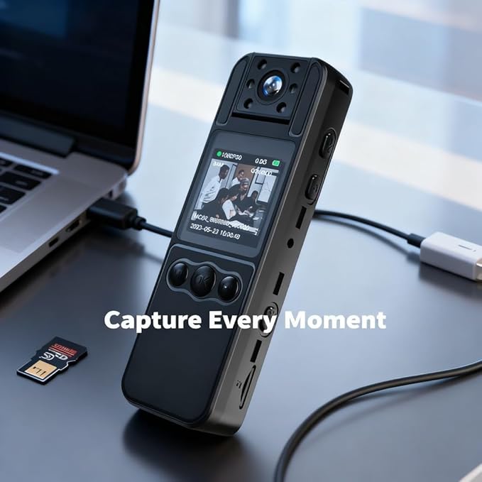 1080P Body Camera Mini Webcam with 180° Rotatable Lens IR Night Vision Audio Video Recording - One - Key Alarm Back Clip and Neck Strap Outdoor Personal Use