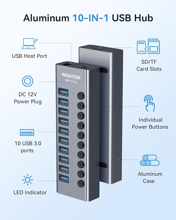 Powered USB 3.0 Hub Wenter 10 Ports 36W Powered USB Hub Aluminum USB Splitter with Individual On/Off Switches SD/TF Card Readers and 12V/3A Power Adapter for PC/Laptops/MacBook Pro/Air/iMac/iPad