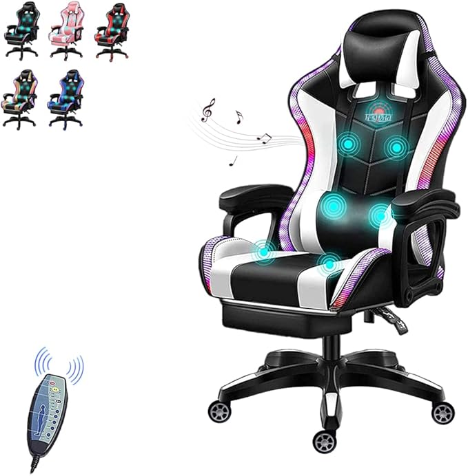 RGB LED Gaming Chair with Bluetooth Speakers Ergonomic Video Game Chair with Footrest Office Chair Reclining Computer Chair PU Leather Chair with Adjustable Backrest and Armrest