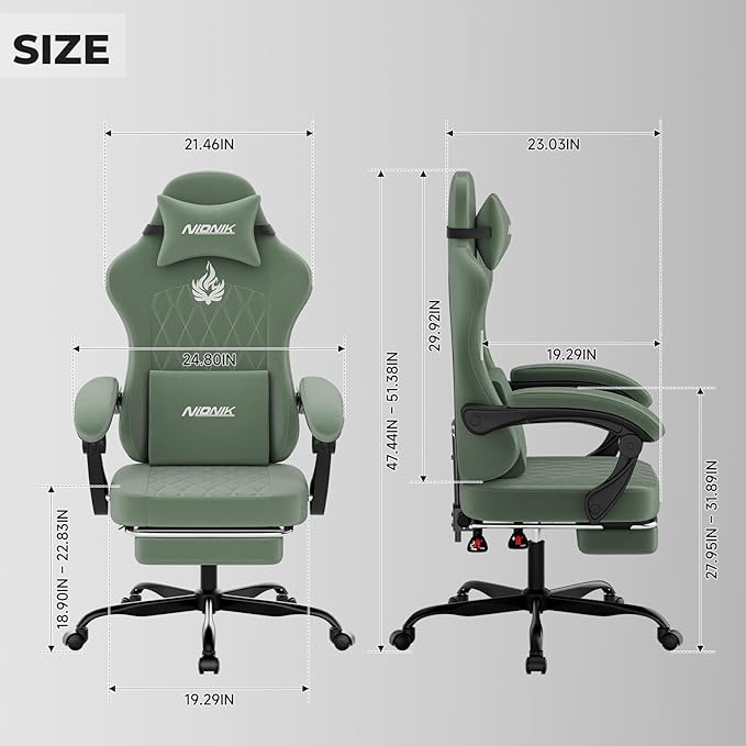 Ergonomic Gaming Chair Video Gamer Chairs Gaming Computer Chairs Gamer Chairs for Adults Massage Lumbar Support Swivel Height Adjustable Headrest Backrest Green