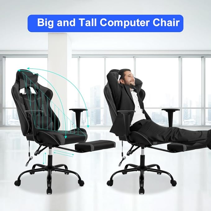 Gaming Chair with Massage &amp Footrest - Ergonomic Racing Office Chair for Adults Women Gamers - Adjustable Reclining PC Gaming and Home Office Desk Chair with Lumbar Support Grey