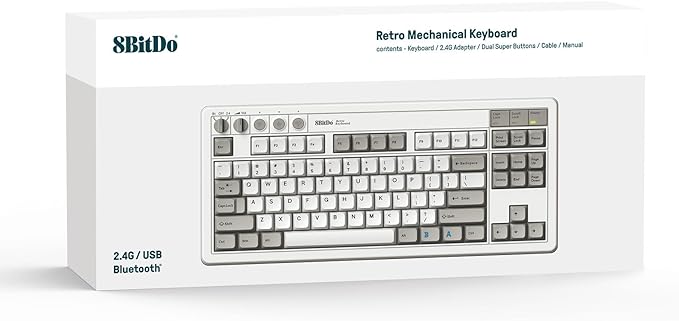 8Bitdo 87 Keys Retro Mechanical Keyboard Bluetooth/2.4G/USB-C Hot Swappable Dual Super Programmable Buttons Volume knob for Windows and Android - M Edition
