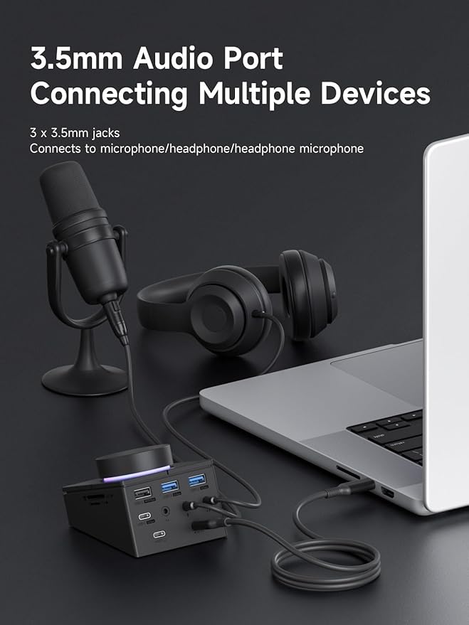 Hagibis Knob USB C Hub with Shortcut Buttons RGB Type-C Docking Station with 5Gbps USB-C 2 USB3.0 3.5mm Jack SD/Micro SD3.0 USB2.0 for MacBook iPad Pro Laptop (Black AG)