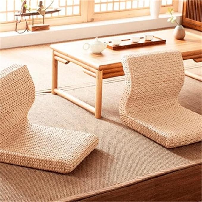 BTZHY Floor Chair Home Work Chair Handmade Straw Rattan Floor Legless Chair Tatami Backrest Chair for Balcony Bay Window Living Room Bedroom