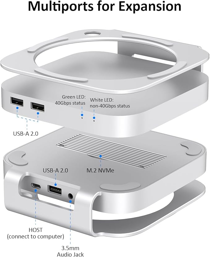 40Gbps USB4 Hub &amp Stand for Mac mini M4/M4 Pro All-Aluminum Docking Station with 40Gbps M.2 SSD (NVMe PCle) Enclosure 3*USB 2.0 3.5mm Audio USB4 Host | Mac mini M4 USB-4 Dock