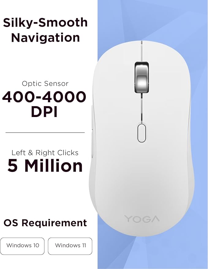 Lenovo Yoga Bluetooth Silent Mouse 3 Level DPI Adjustment 36 Month Battery Life Bluetooth 5.3 3 Device Paring Whisper Quiet Programmable Buttons Smooth Finish Seashell